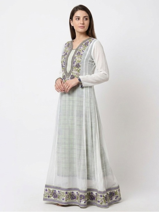 None Dresses & Skirts - White Maxi Dress plaid Green Lining Purple Embroidery Whimsical Fairycore